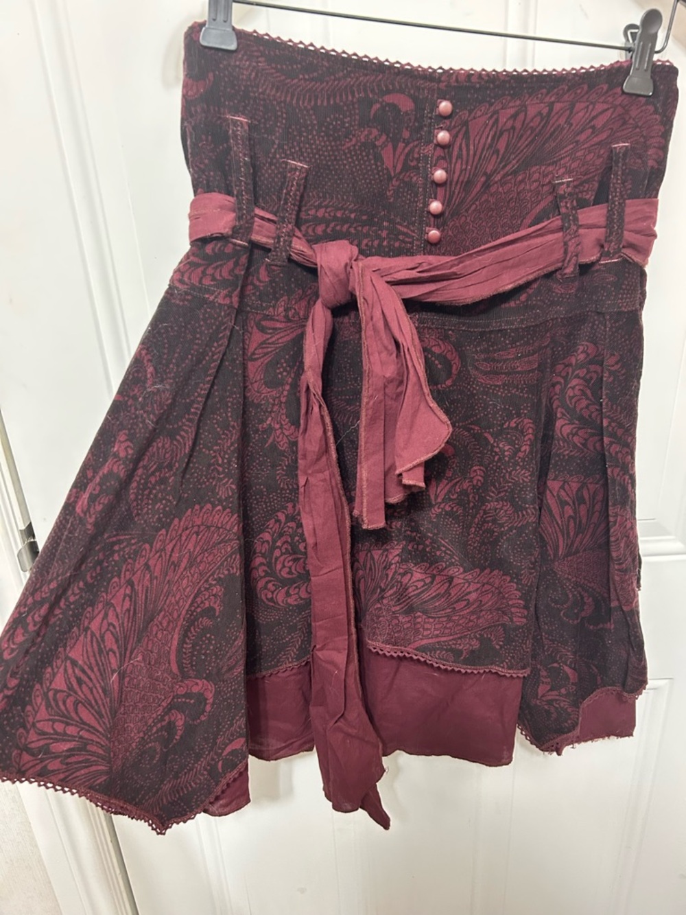 Bohemian Asymmetrical Maroon Printed Tie-Waist Skirt - Picture 2 of 10